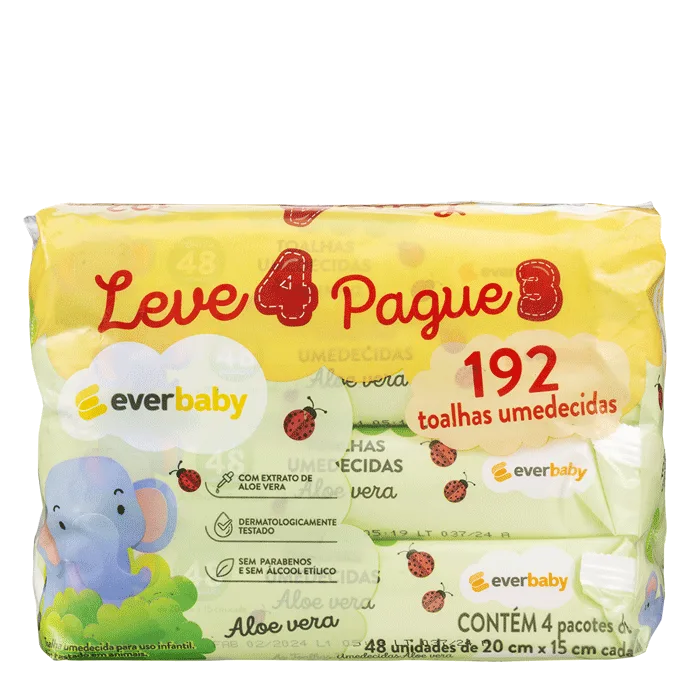 Kit Toalhas Umedecidas Ever Baby Aloe Vera 4 pacotes 48 Unidades - Ever Baby