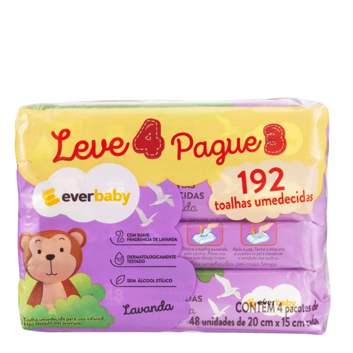 Kit Toalhas Umedecidas Ever Baby Lavanda 4 pacotes 48 Unidades - Ever Baby - Lenço Umedecido