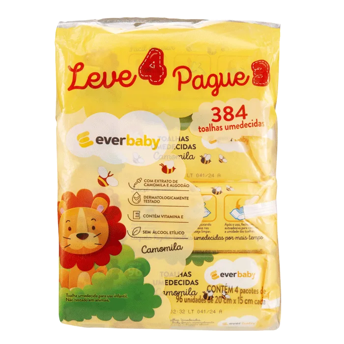 Kit Toalhas Umedecidas Ever Baby Camomila 4 Pacotes com  96 Unidades Cada - Ever Baby