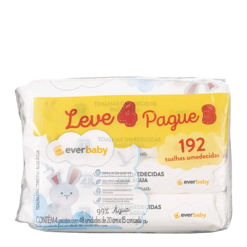 Toalhas Umedecidas Ever Baby 99% Água 4 Pacotes com 48 Unidades - Ever Baby