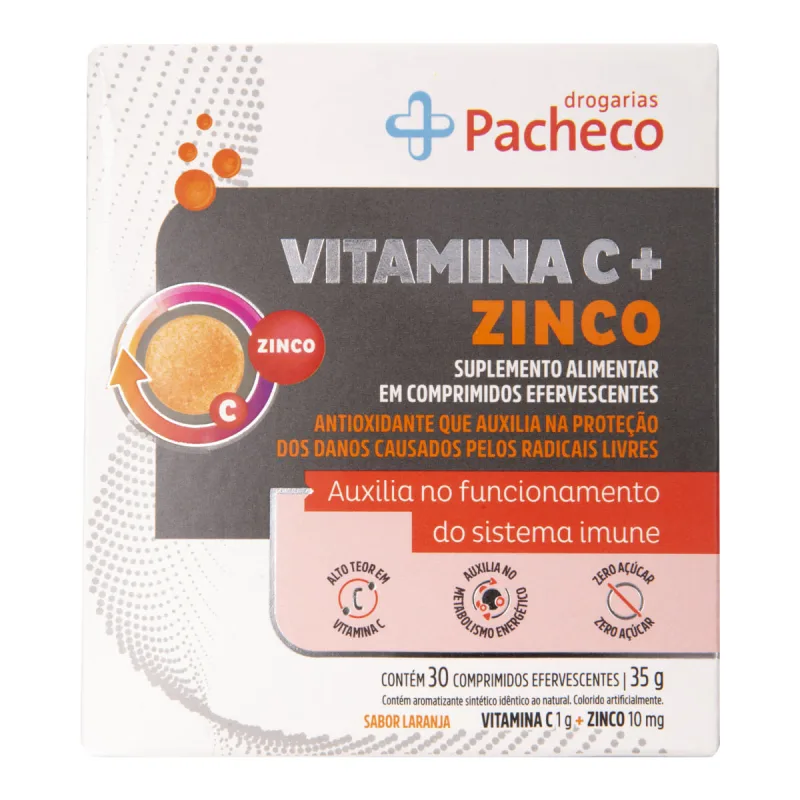 Vitamina C Drogarias Pacheco 1g com Zinco 30 Comprimidos Efervescentes - Drogarias Pacheco