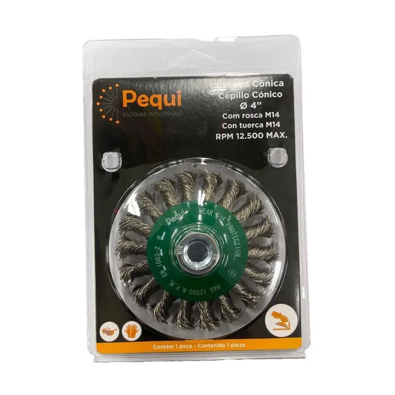 Escova Cônica Aço Inox Trançado 100mm Rosca M14 - Pequi