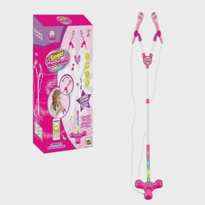 Kit Microfone Infantil Duplo Com Pedestal Som E Luz De Led Colorida Karaoke Conecta No Celular Rock Show Meninas