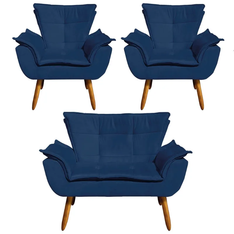 Namoradeira e 2 Poltronas Pé Palito Castanho Opala Suede D03 - D'Rossi Azul Marinho