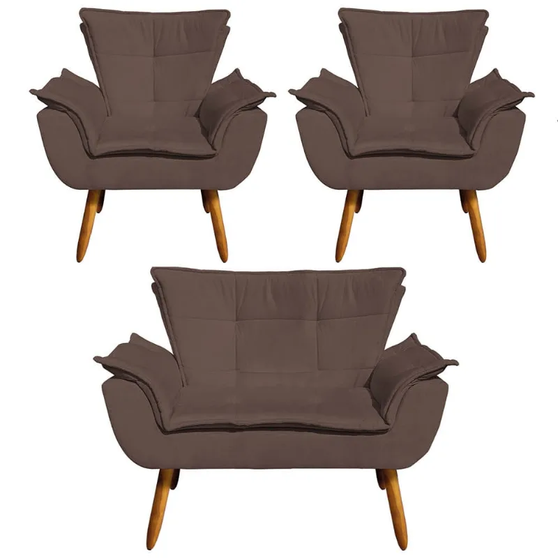 Namoradeira e 2 Poltronas Pé Palito Castanho Opala Suede D03 - D'Rossi Marrom