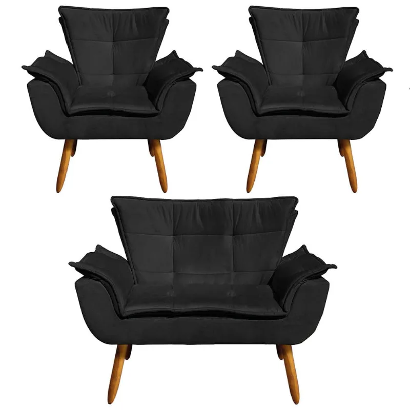 Namoradeira e 2 Poltronas Pé Palito Castanho Opala Suede D03 - D'Rossi Preto