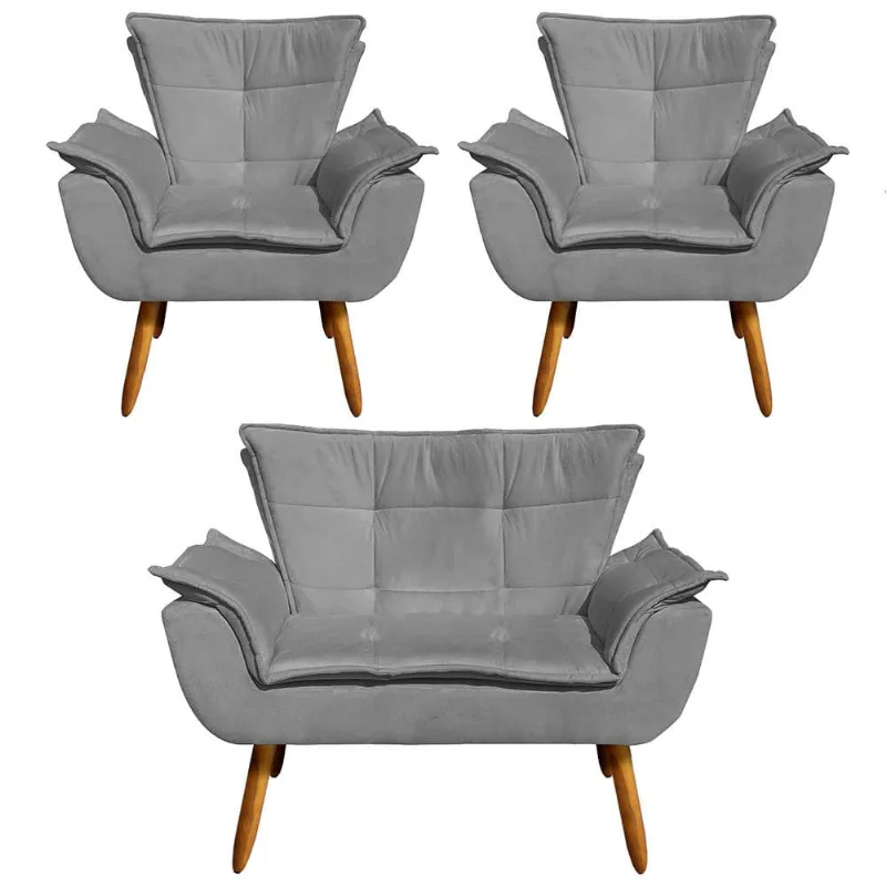 Namoradeira e 2 Poltronas Pé Palito Castanho Opala Suede D03 - D'Rossi Grafite