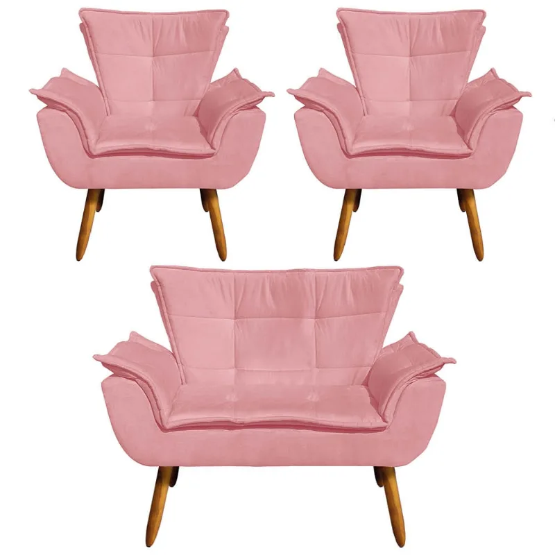 Namoradeira e 2 Poltronas Pé Palito Castanho Opala Suede D03 - D'Rossi Rose