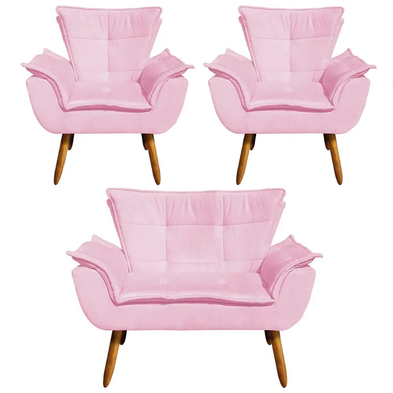 Namoradeira e 2 Poltronas Pé Palito Castanho Opala Suede D03 - D'Rossi Rosa Bebê