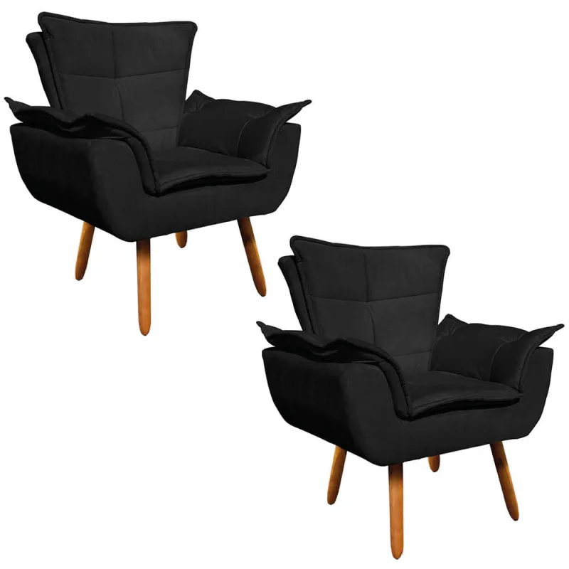 Poltrona Sala de Estar Pé Palito de Madeira Kit 2 Opala Suede Preto - DRossi - Móveis