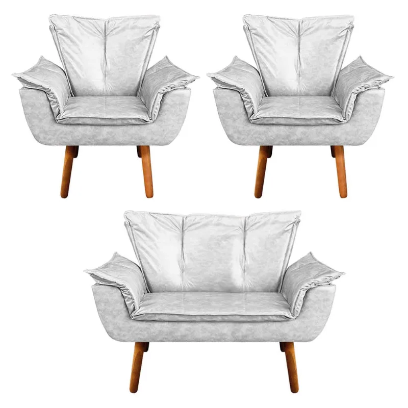 Namoradeira e 2 Poltronas Pé Palito Castanho Opala Corano Branco