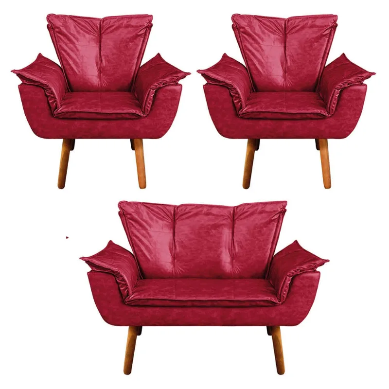 Namoradeira e 2 Poltronas Pé Palito Castanho Opala Corano Vermelho