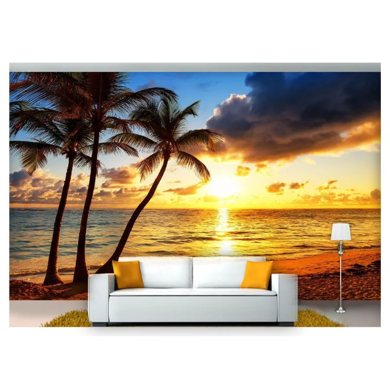 Papel De Parede Praia Mar Por Do Sol Coqueiro Npr220