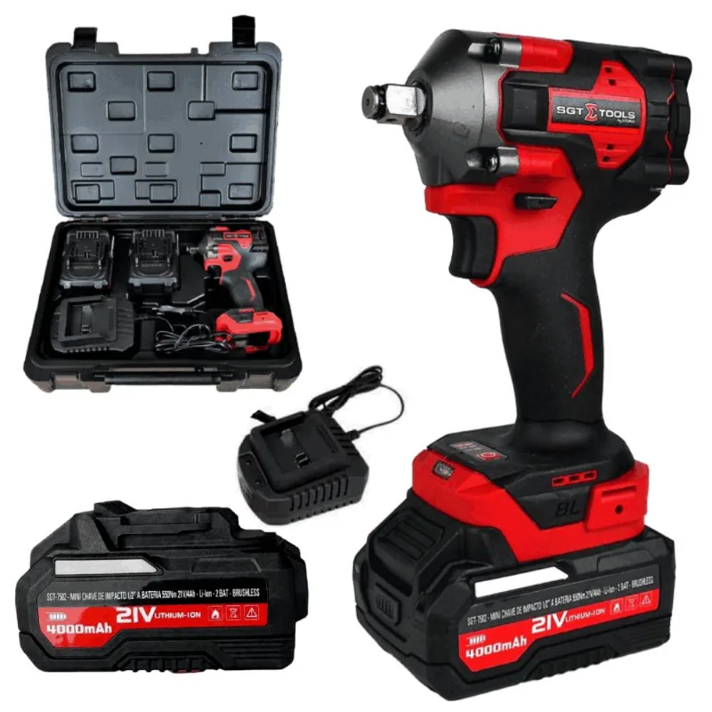 Chave De Impacto Bateria 21v 1/2 Pol Brush 550nm Mini C|2 Baterias 4000mah Sgt-7502-bivolt