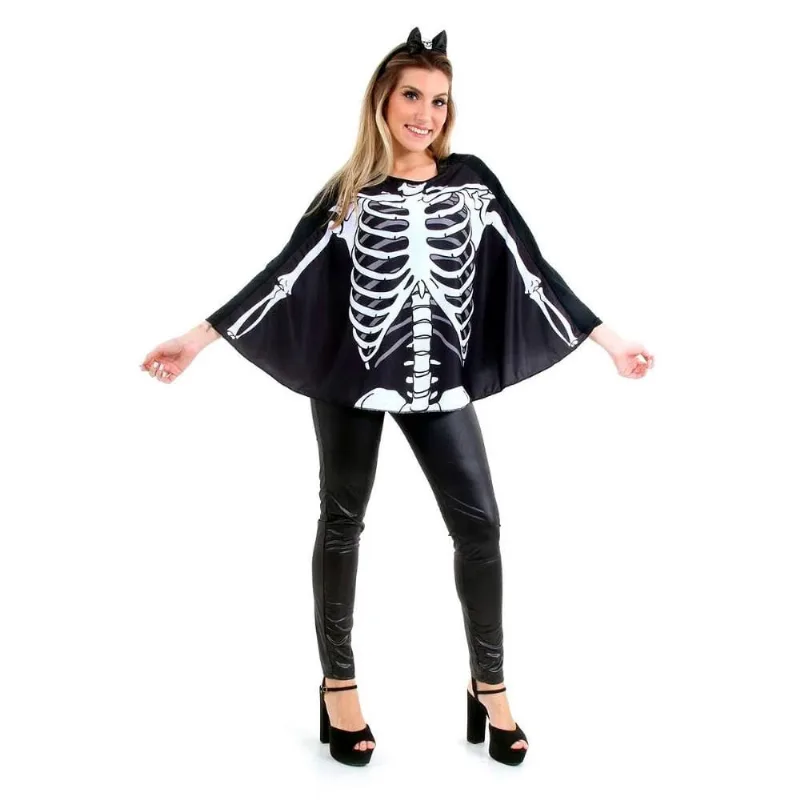 Fantasia de Halloween Adulto Poncho Esqueleto Com Tiara