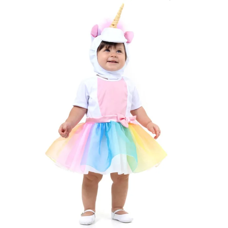 Fantasia Unicórnio Vestido Colorido Bebê com Capuz