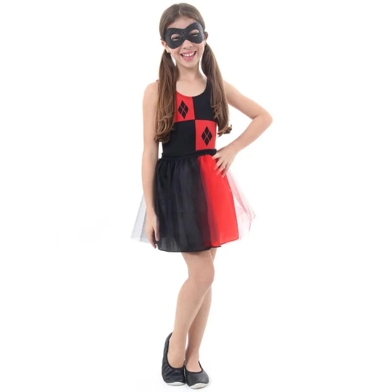 Fantasia Infantil Arlequina Collant C/Saia Máscara Dress Up