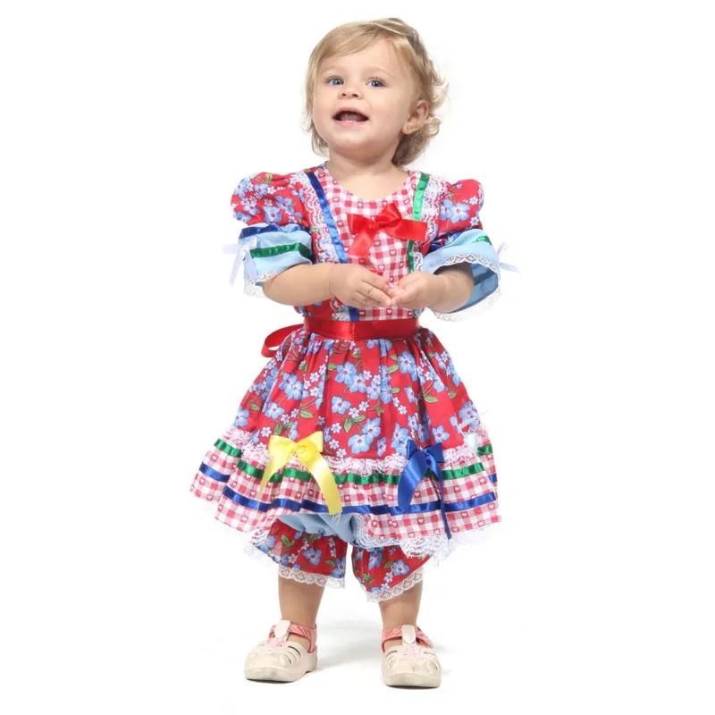 Vestido Bebê Festa Junina Caipira Vermelho e Azul com Culote