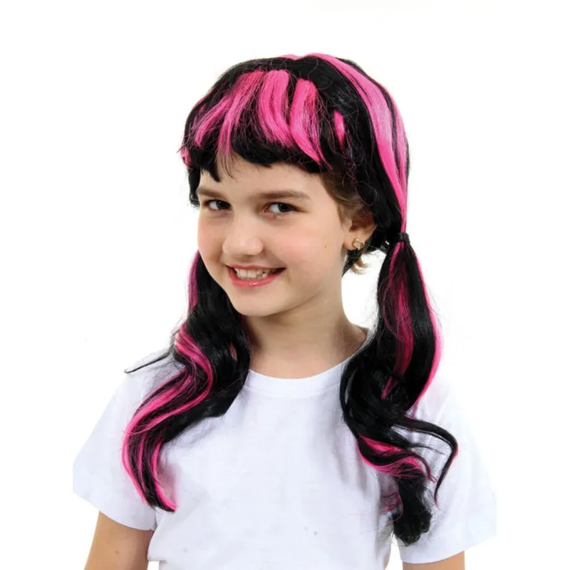 Peruca Preta e Rosa Longa Infantil Halloween Abrakadabra