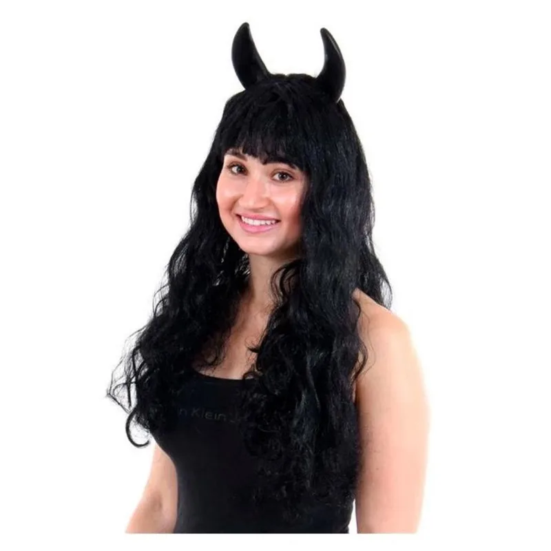Peruca Halloween Preta Com Chifre Pra Fantasia de Diabinha