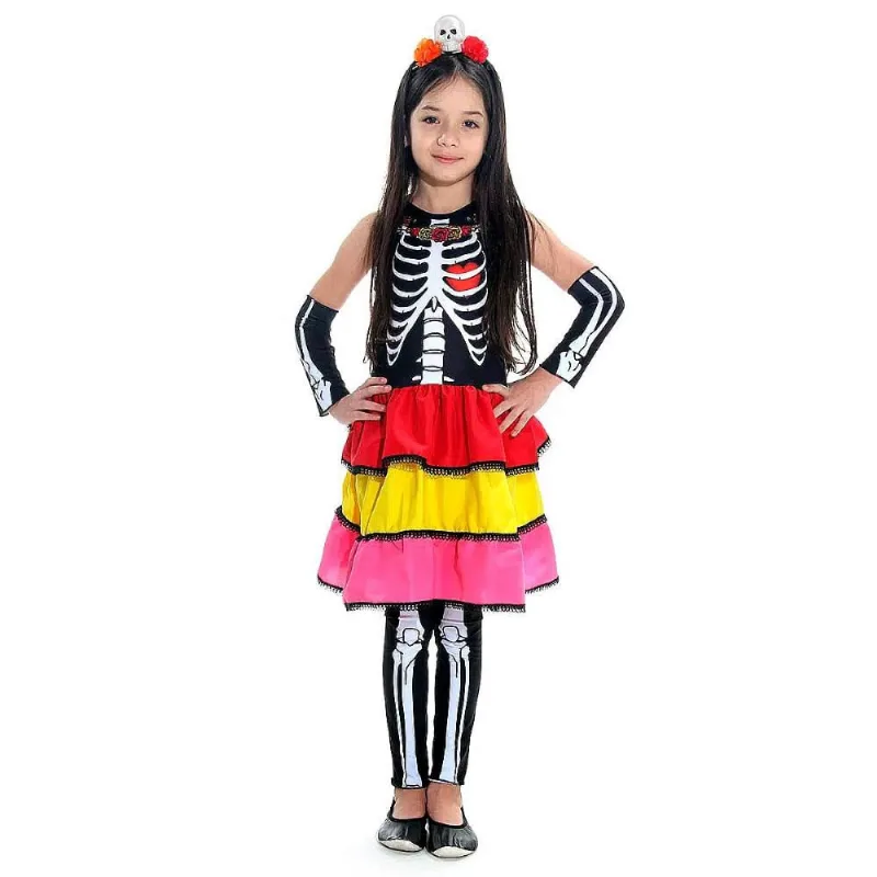 Fantasia Caveira Mexicana Infantil Colors com Tiara de Halloween