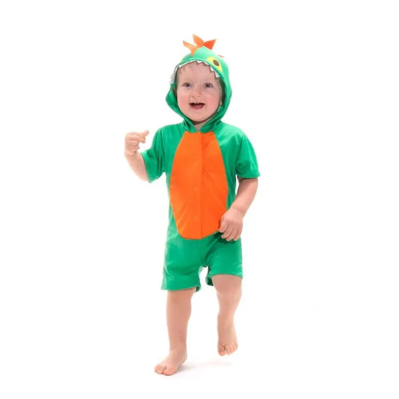 Fantasia Dinossauro Bebê Verde e Laranja Com Capuz