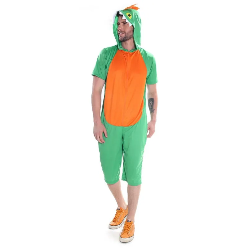 Fantasia Adulto Dinossauro Verde/Laranja Kigurumi Curto