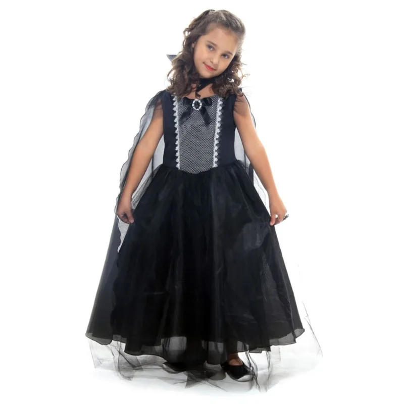 Fantasia Vampira Prata Halloween Infantil Vestido Luxo Capa