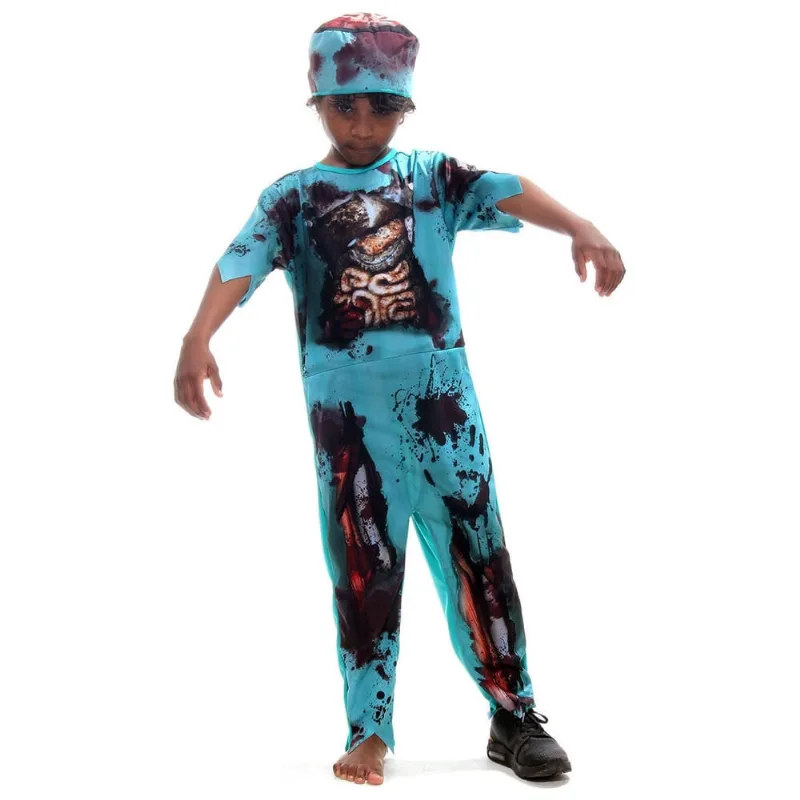 Fantasia De Médico Infantil Zumbi Azul Com Bandana Halloween