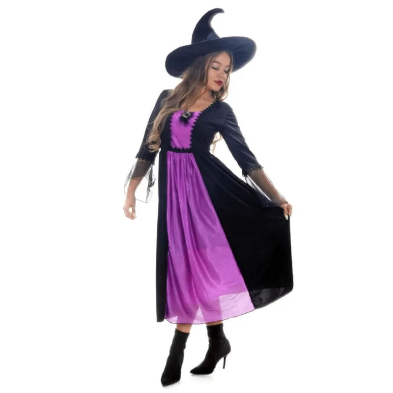 Fantasia Bruxa Roxa Vestido Longo Adulto Chapéu Halloween
