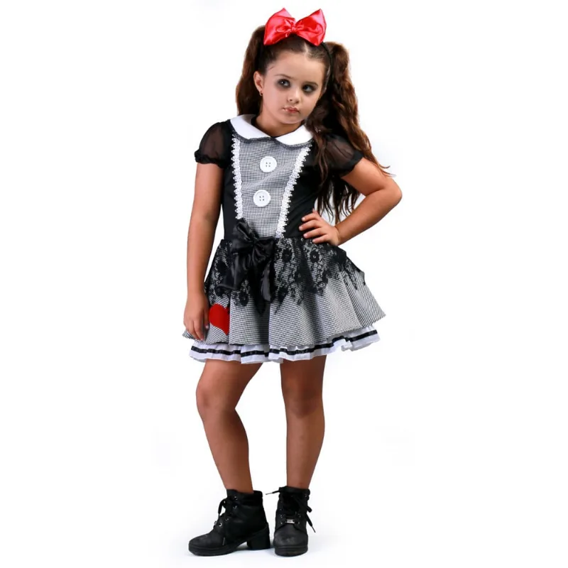 Fantasia Boneca do Mal Halloween infantil Vestido com Tiara