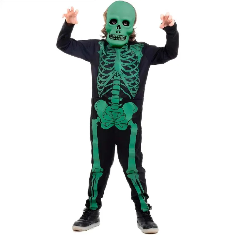 Fantasia Caveira Halloween Infantil Esqueleto Verde Glow Brilha no Escuro Com Máscara VERDE