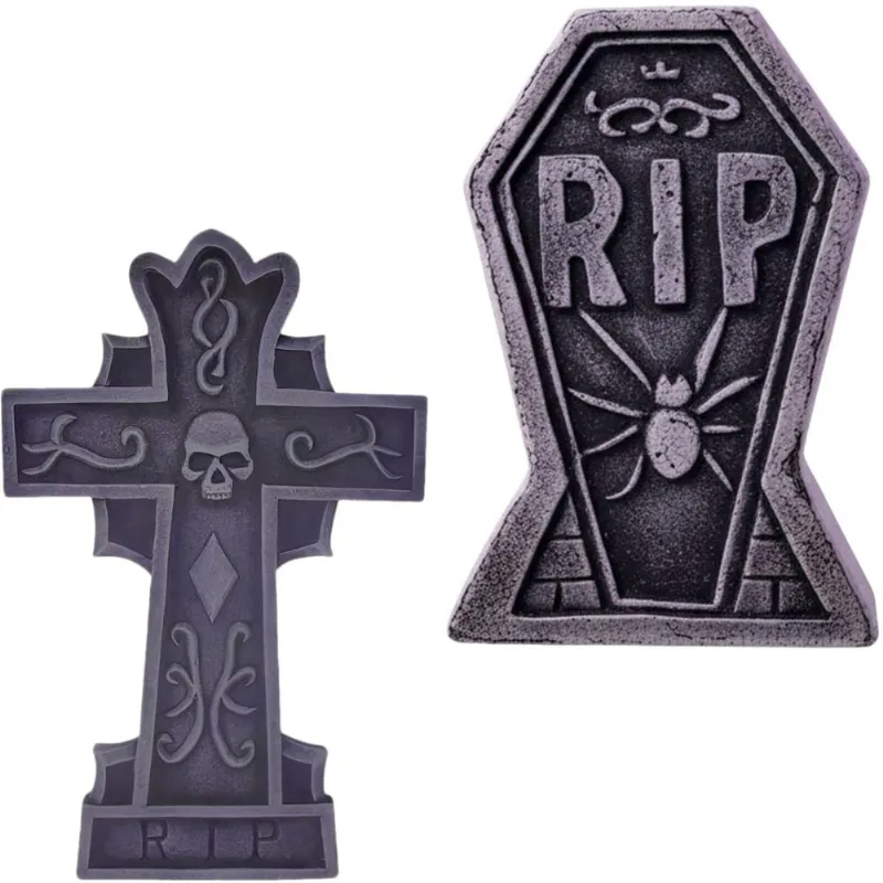 Kit 2 Lápides de Halloween Lapide Cemitério Grande e Realista Auto Relevo de Pedra Decoração Quintal Casa -