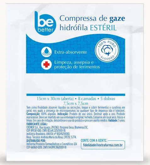 Compr Gaze Esteril Be Better 11 Fios 7,5x7,5cm 5un - Be Better