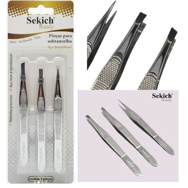 Kit 3 Pinças Para Sobrancelhas Reta Inclinada Fina Ref 1302 Sekich