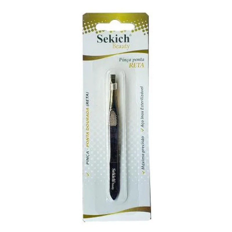 Pinça de Sobrancelha Aço Inox Esterilizável Profissional Ponta Reta Dourada - Sekich