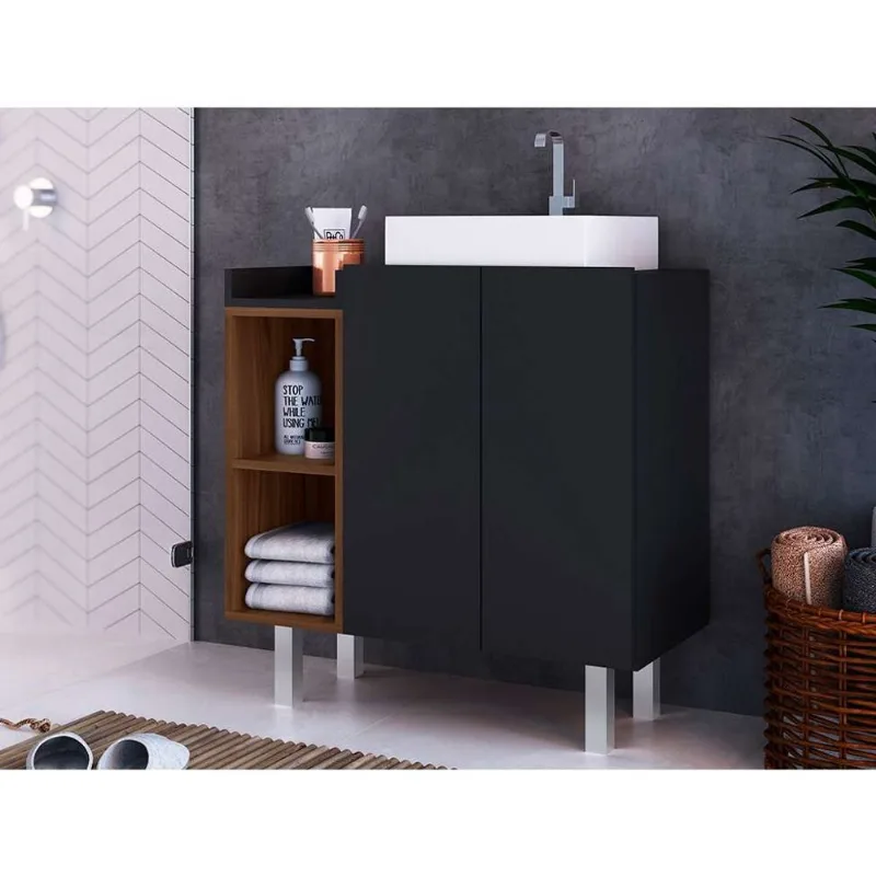 Gabinete de Banheiro Luuk 2 Portas 75cm Preto e Madeirado Organizador Gabinete de Banheiro Luuk 2 pt Preto e Madeirado 75 cm