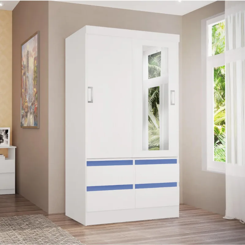 Roupeiro 2 Portas de Correr 4 Gavetas Arezzo Flex - Branco/Azul
