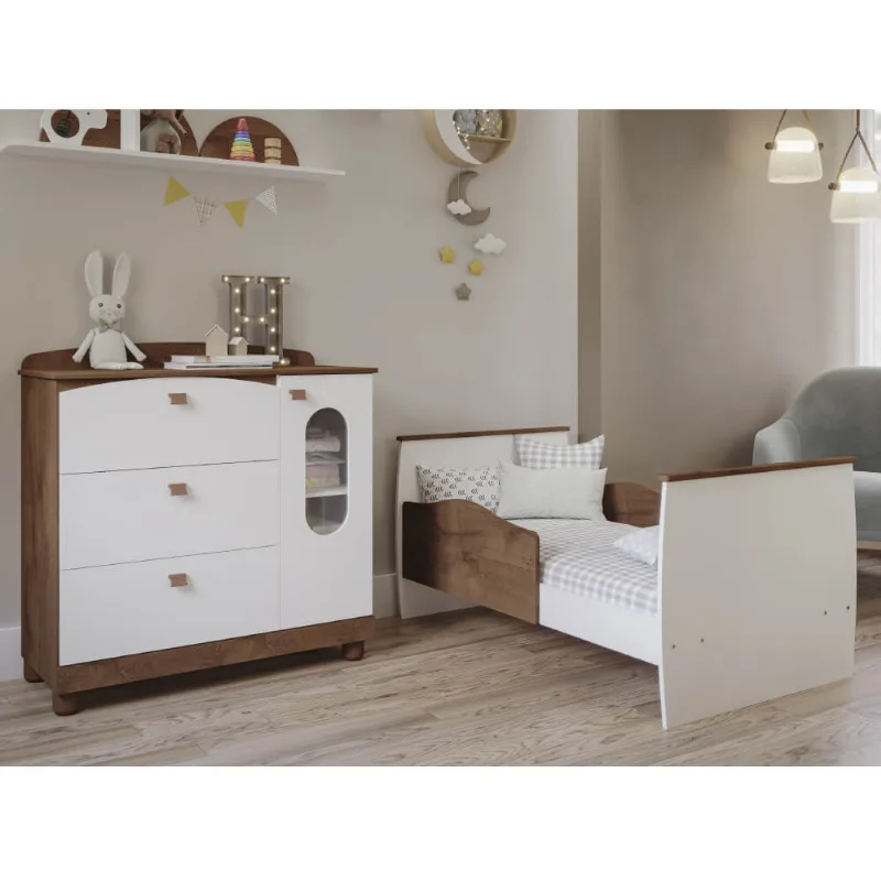Mini Cama Conforto e Cômoda Fofura - Branco/Carvalho