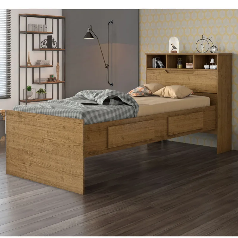 Cama Íris com Baú 2 Gavetas e Nichos - Carvalho