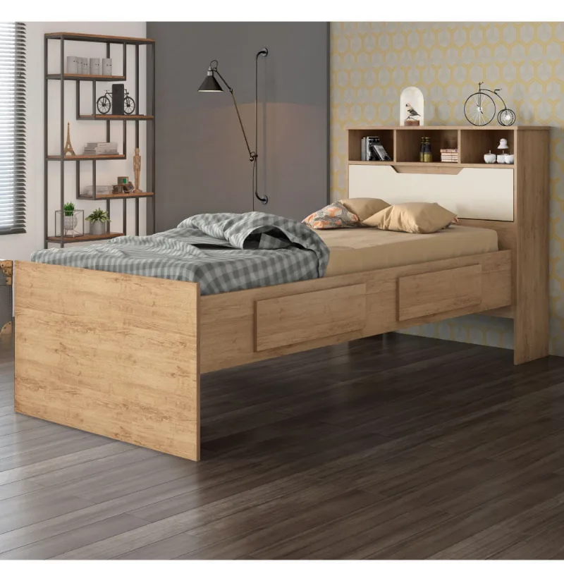 Cama Íris com Baú 2 Gavetas e Nichos - Amêndoa/Off White