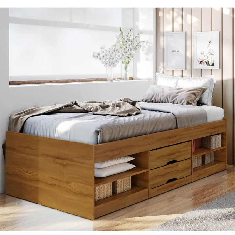 Cama Solteiro Novah 4 Nichos e 2 Gavetas - Rústico