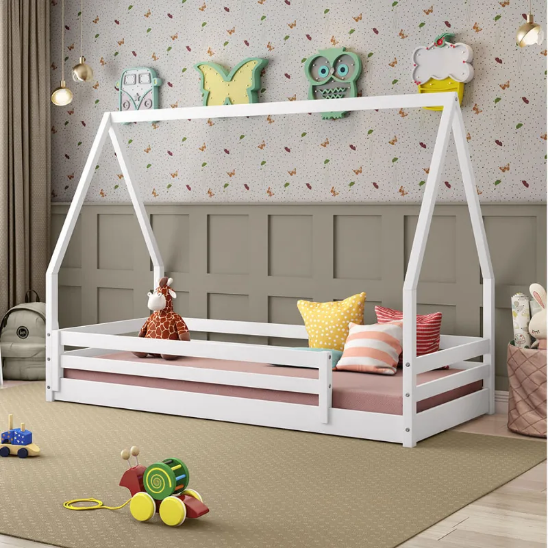 Cama Montessoriana Prime c/ Telhado VI e Grade de Proteção Branco - Casatema