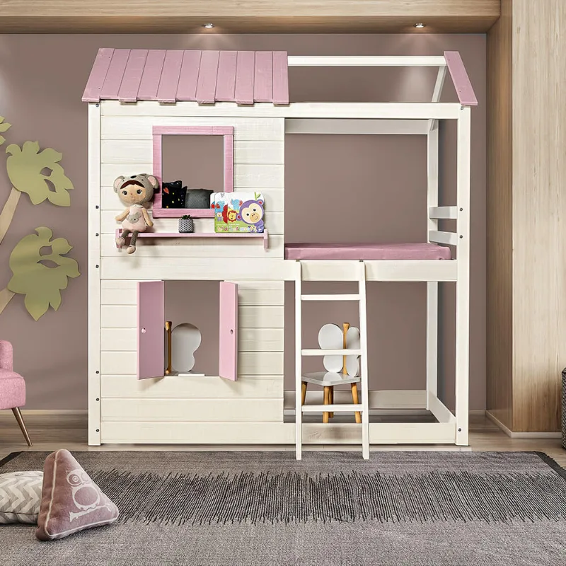 Cama Casatema Club House Premium Rosa 218.5 cm 208 104.4 Cama Alta Infantil Club House Premium Branco/Rosa - Casatema