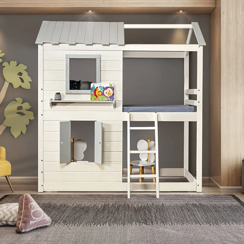 Cama Casatema Club House Premium Cinza 218.5 cm 208 104.4 Casinha Cama Alta Infantil Club House Premium Branco/Cinza - Casatema