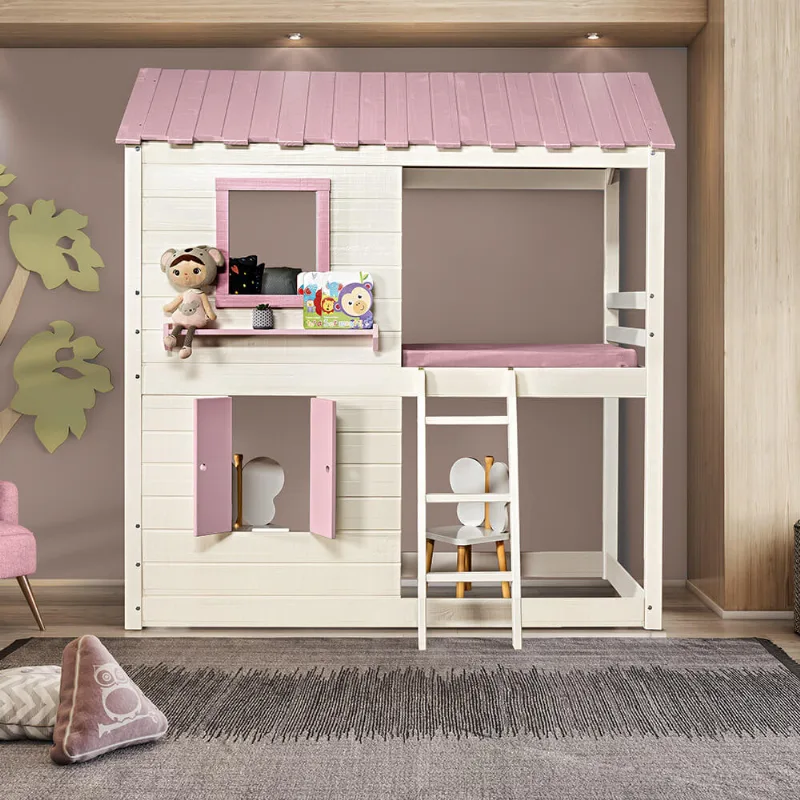 Cama Casatema Club House Premium Branco,Rosa 218.5 cm 208 cm 129.6 cm Cama Alta Infantil Club House Premium c/ Telhado Completo Branco/Rosa - Casatema