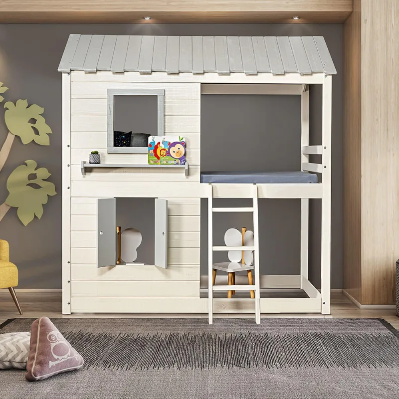Cama Casatema Club House Premium Branco 218.5 cm 208 129.6 Cama Alta Infantil Club House Premium c/ Telhado Completo Branco/Cinza - Casatema