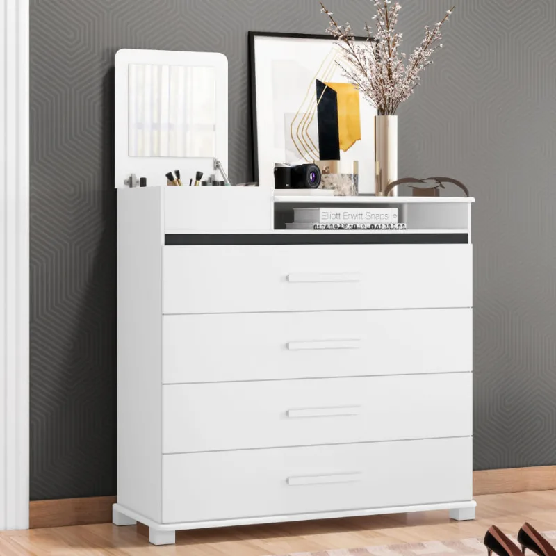 Cômoda Munique Flex com 4 Gavetas e Organizador/Espelho - Branco/Preto