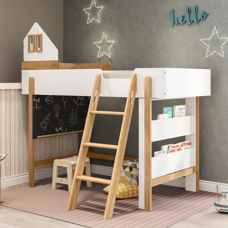 Cama Casatema Alta Mundo Mágico Branco 187 cm 193 145 Cama Alta Mundo Mágico com Lousa e Porta Livros Branco/Natural - Casatema