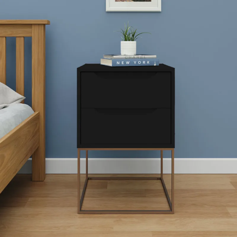 Mesa de Cabeceira Celina com 2 Gavetas - Preto/Dourado